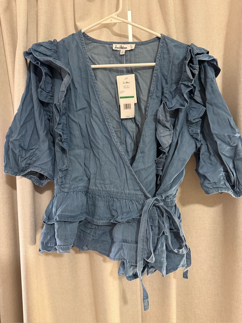 New Sam Edelman Blue Chambray Ruffle Wrap Top L - Picture 1 of 3